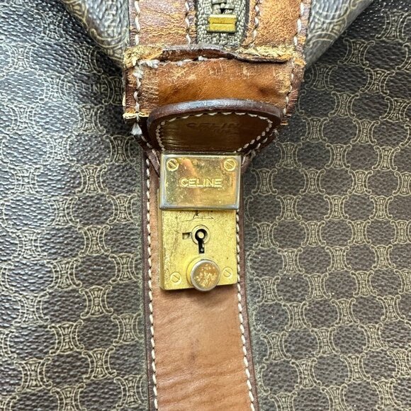 👜 VINTAGE CELINE MACADAM CANVAS & CALFSKIN BOSTON TRAVEL BAG - TAN LEATHER 👜 - Picture 11 of 13